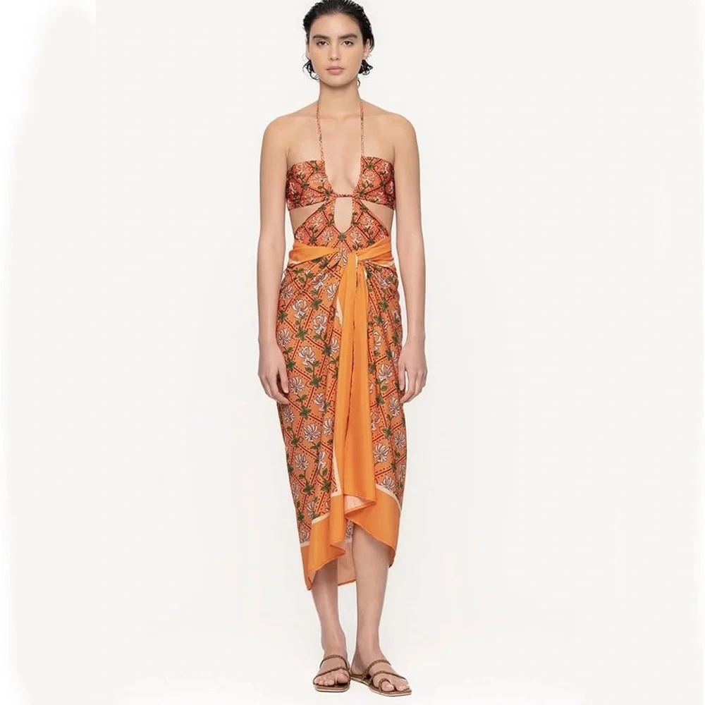 Women’s Moroccan Printed Swimsuit Cheeky Strappy Sarong NWOT Size Large Cover Up - Picture 2 of 13